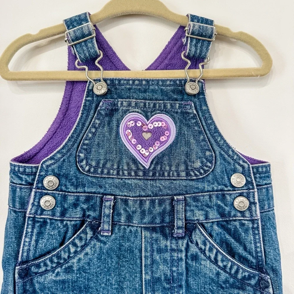VTG Infant‎ Baby Girls Bib Overalls Fleece Lined Purple Heart 6-9 Mos Y2K